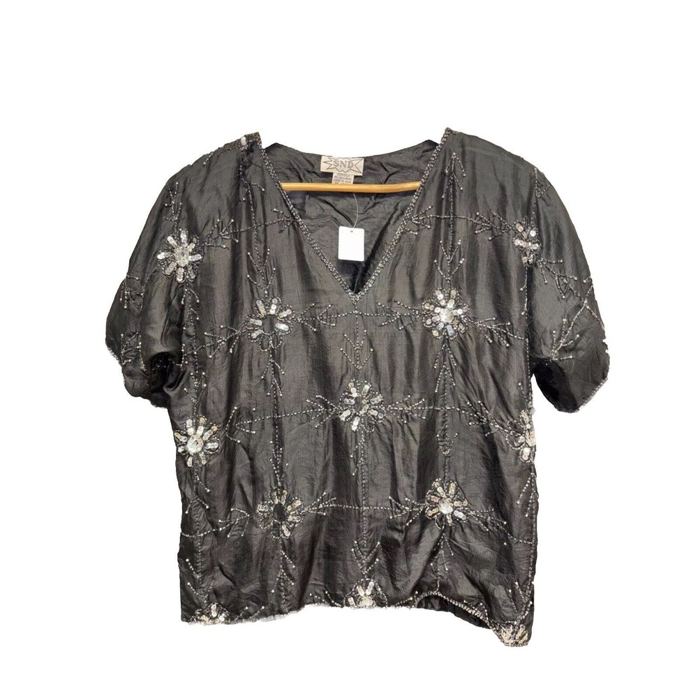 SND Vintage Blouse Women M Black Silk Sequin Beads Disco Witchy Whimsigoth Glam